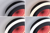 Quatre vues d'un plafonnier noir avec motif LED rouge et couleur de lumière blanche réglable