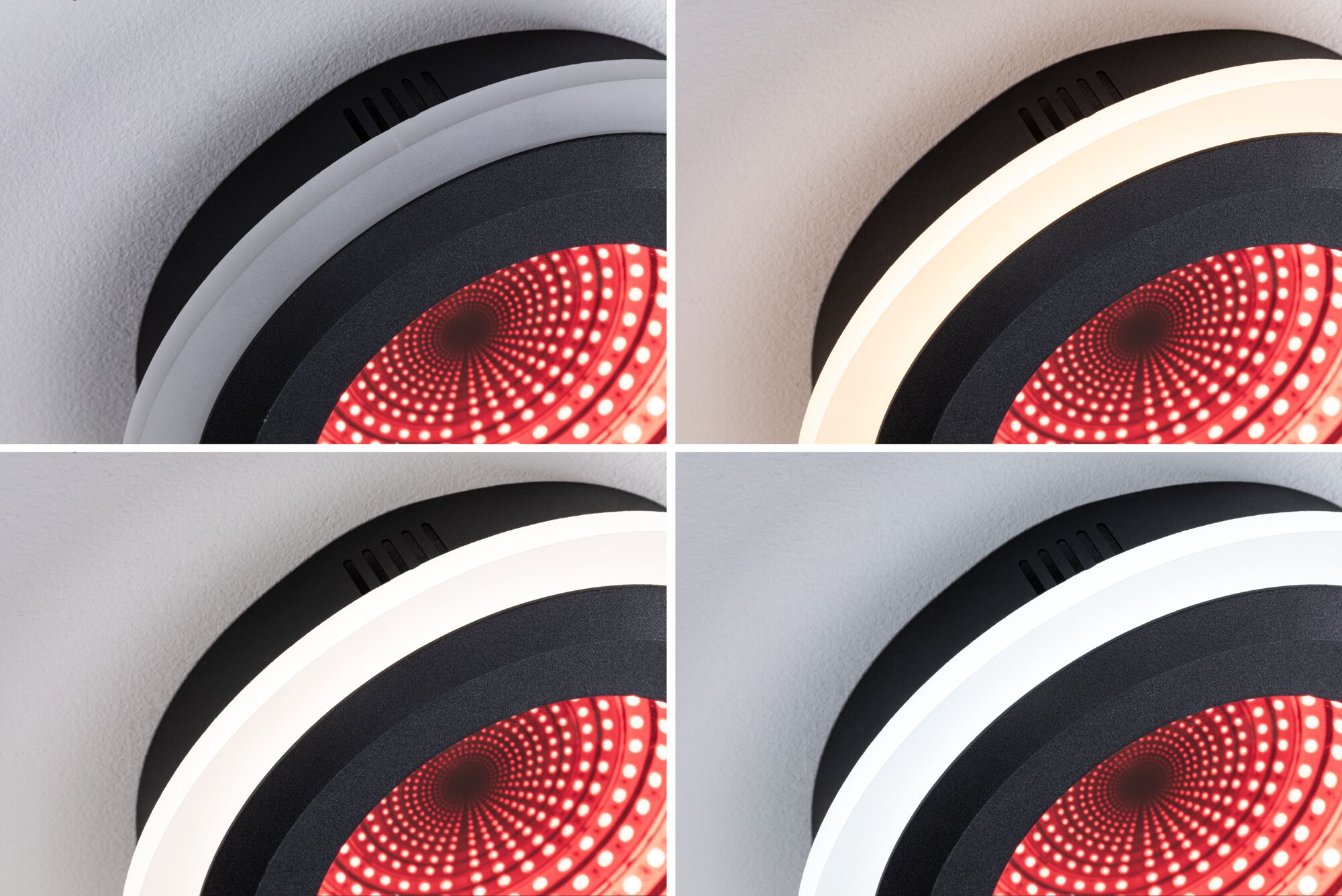 Vier aanzichten van een zwarte plafondlamp met rood LED-patroon en instelbare witte lichtkleur
