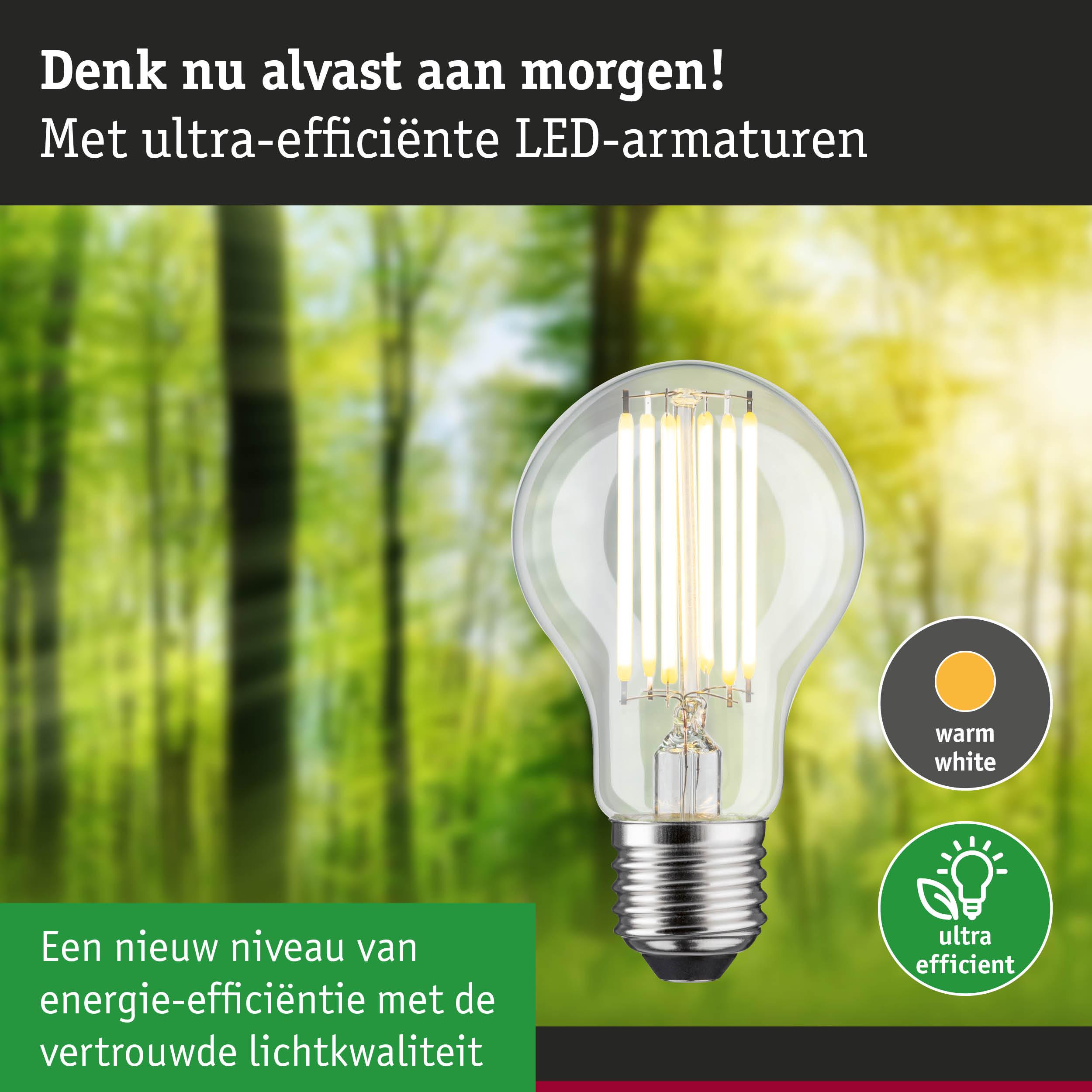 Energiezuinige LED-lamp met warm wit licht tegen een wazige groene bosachtergrond