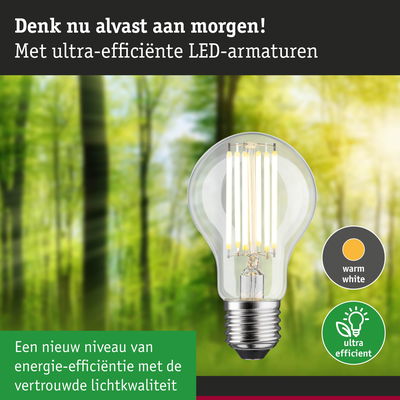 Energiezuinige LED-lamp met warm wit licht tegen een wazige groene bosachtergrond