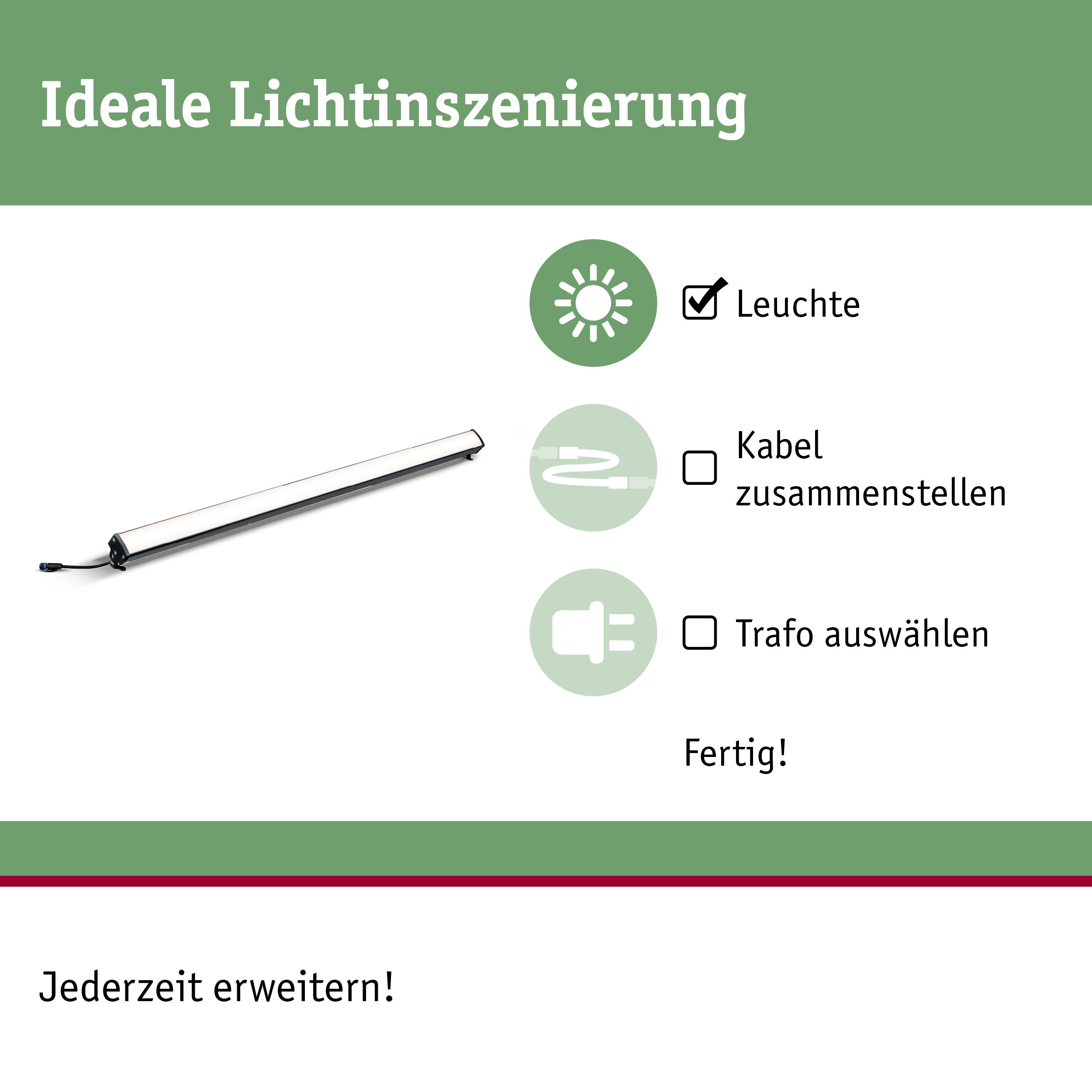 Schwarze LED-Leuchte mit weißem Lichtstreifen und Kabel für flexible Lichtinszenierung