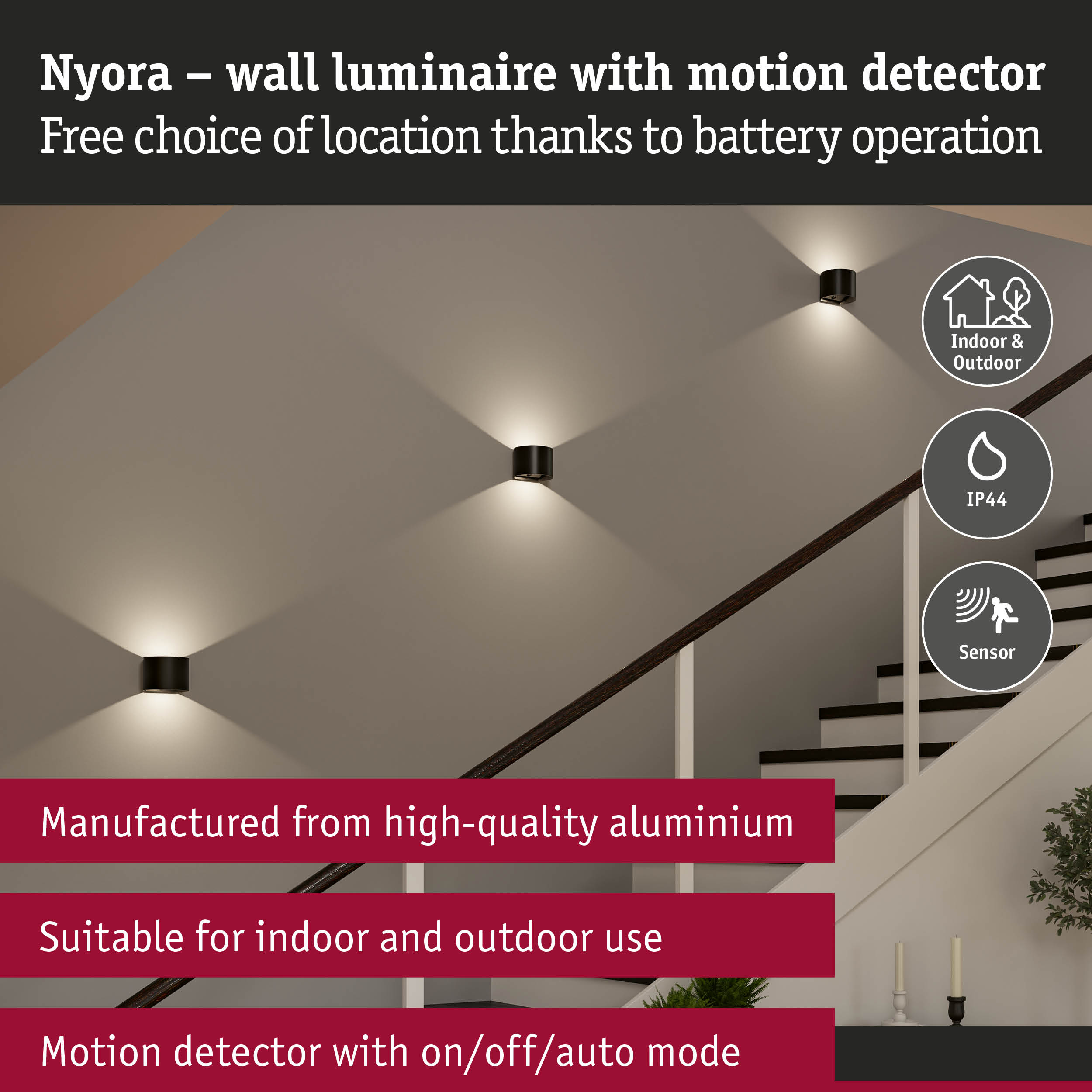 Nyora black aluminium wall luminaire with motion sensor, suitable for indoor and outdoor use