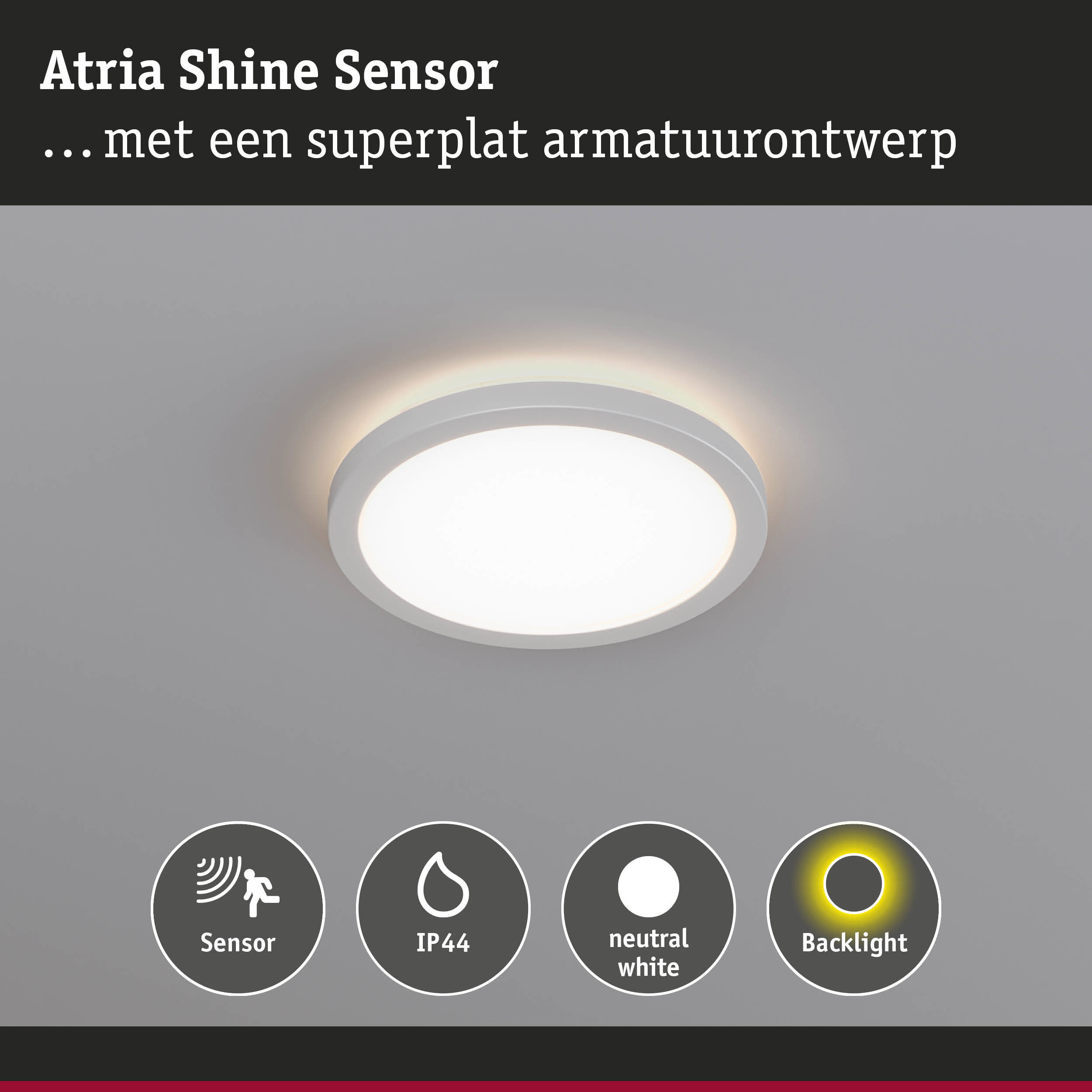 Ronde witte kunststof plafondlamp met sensor, IP44 bescherming, neutraal wit licht en achtergrondverlichting