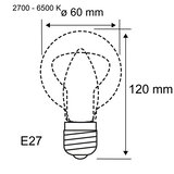 Teknisk tegning af E27 LED-pære med 60 mm diameter og 120 mm højde, farvetemperatur 2700-6500K