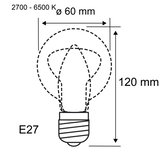 Technical drawing of E27 LED bulb with 60 mm diameter and 120 mm height, color temperature 2700-6500K