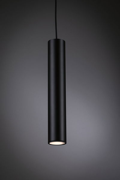 Black cylindrical metal LED pendant light with warm white illumination for modern interiors
