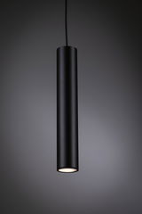Black cylindrical metal LED pendant light with warm white illumination for modern interiors