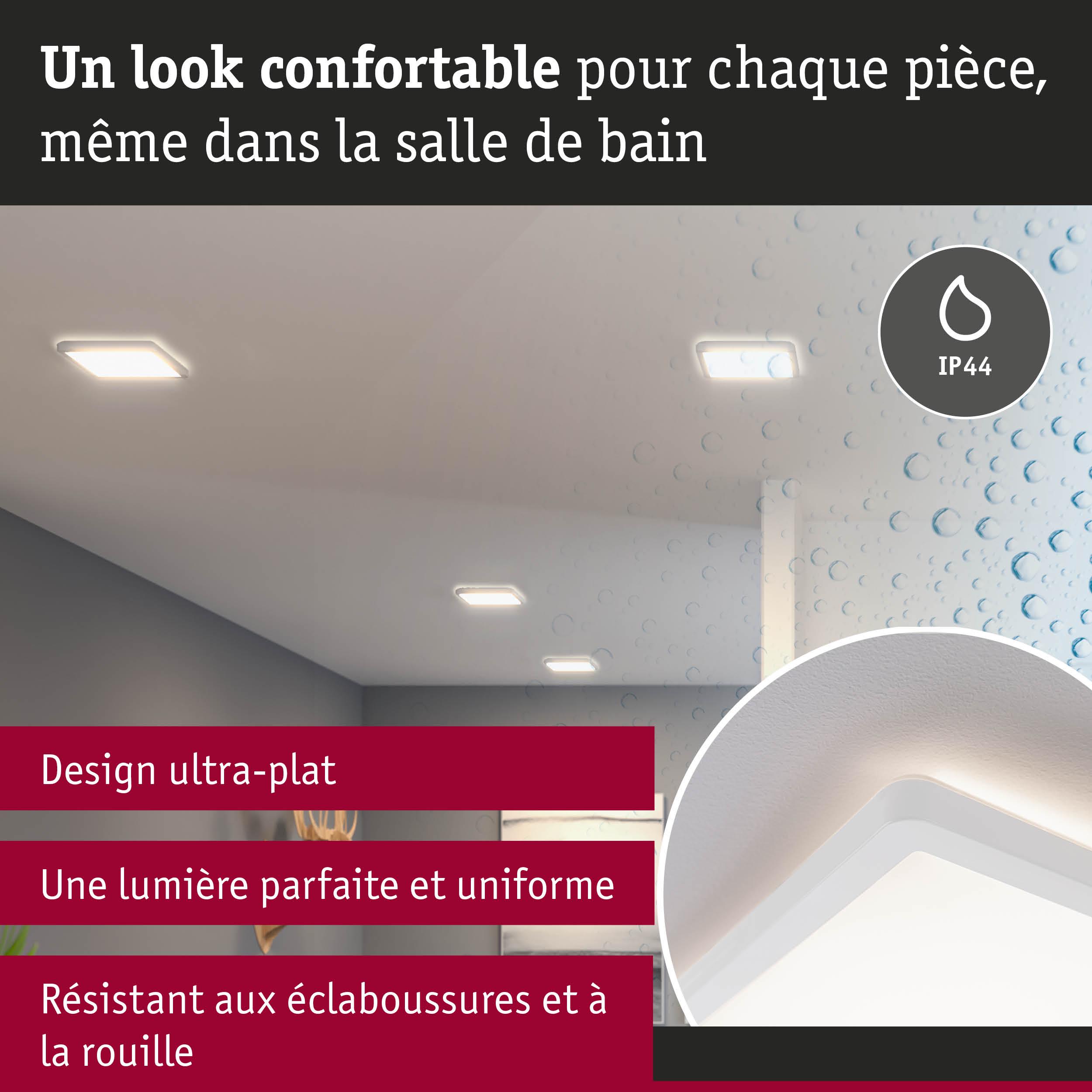 Plafonnier LED blanc ultra-plat IP44, résistant aux éclaboussures et à la rouille, parfait pour salle de bain.