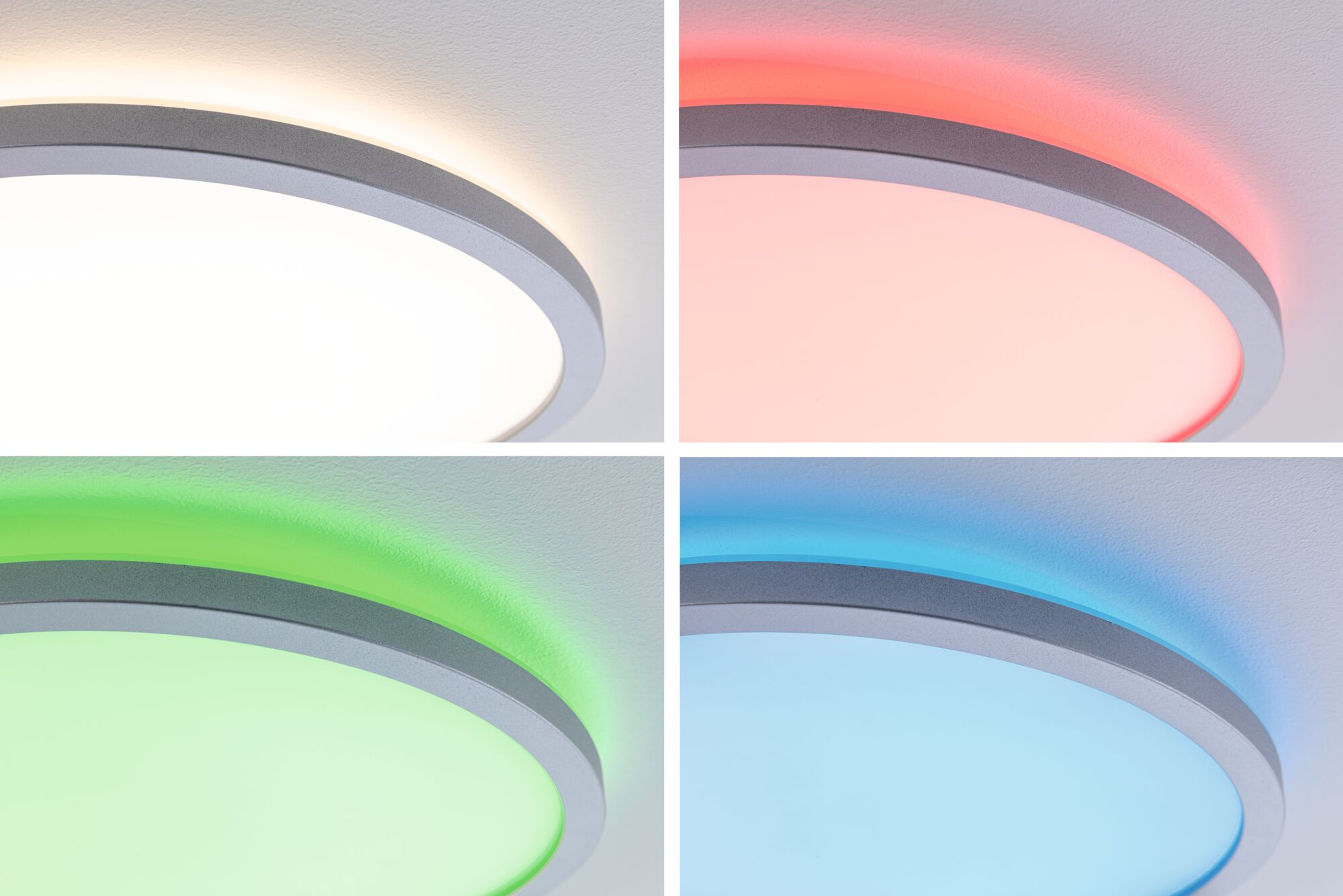 Plafonnier LED rond avec cadre argenté affichant des lumières blanche, rouge, verte et bleue pour l'éclairage intérieur