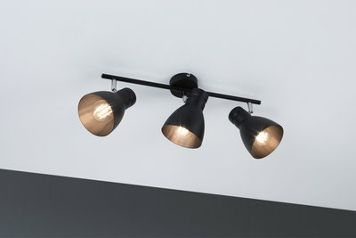 Three-light black metal ceiling spotlight with adjustable shades for modern room lighting