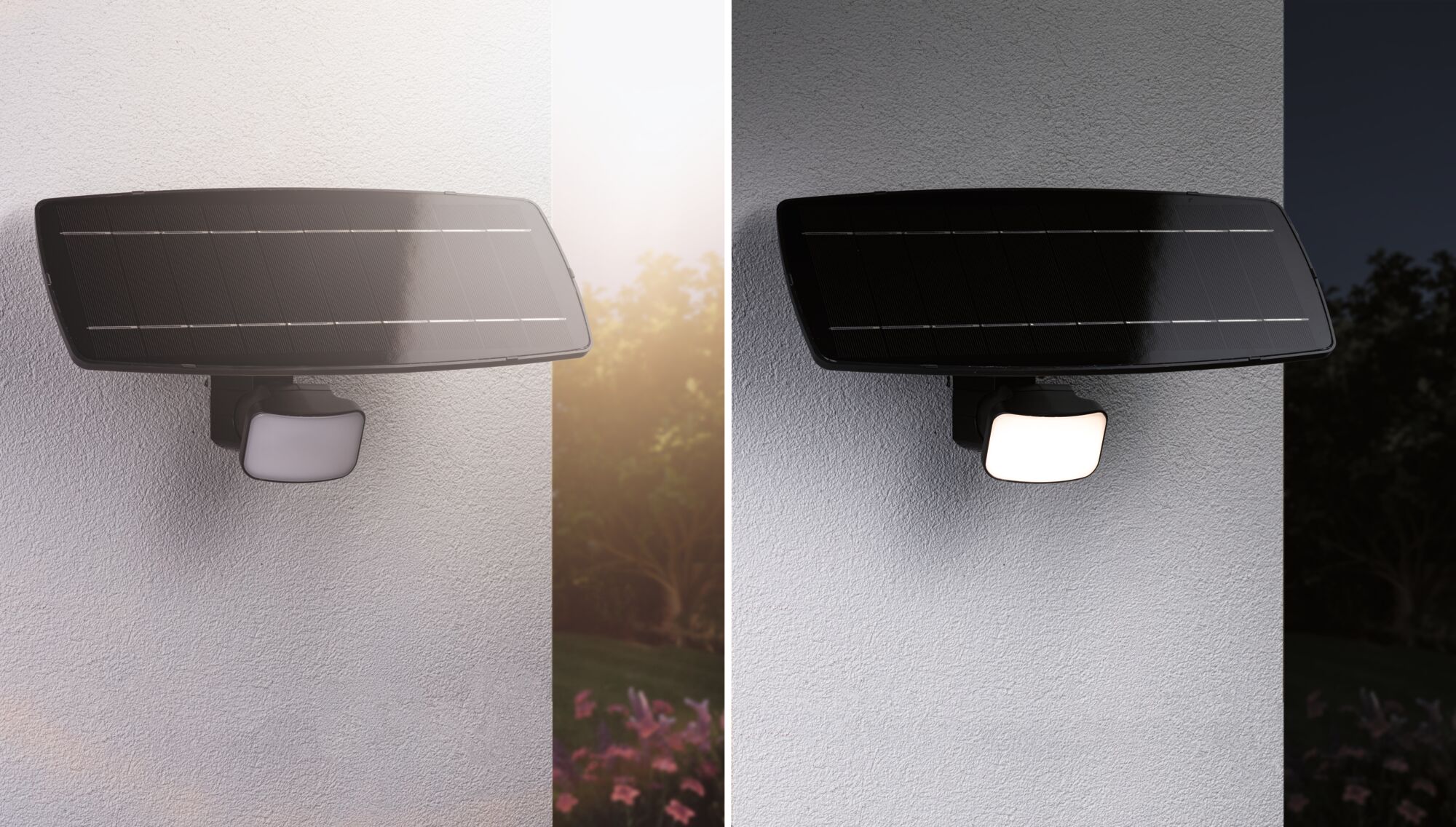 Lampe solaire noire avec détecteur de mouvement sur mur blanc, vue jour et nuit, éclairage extérieur