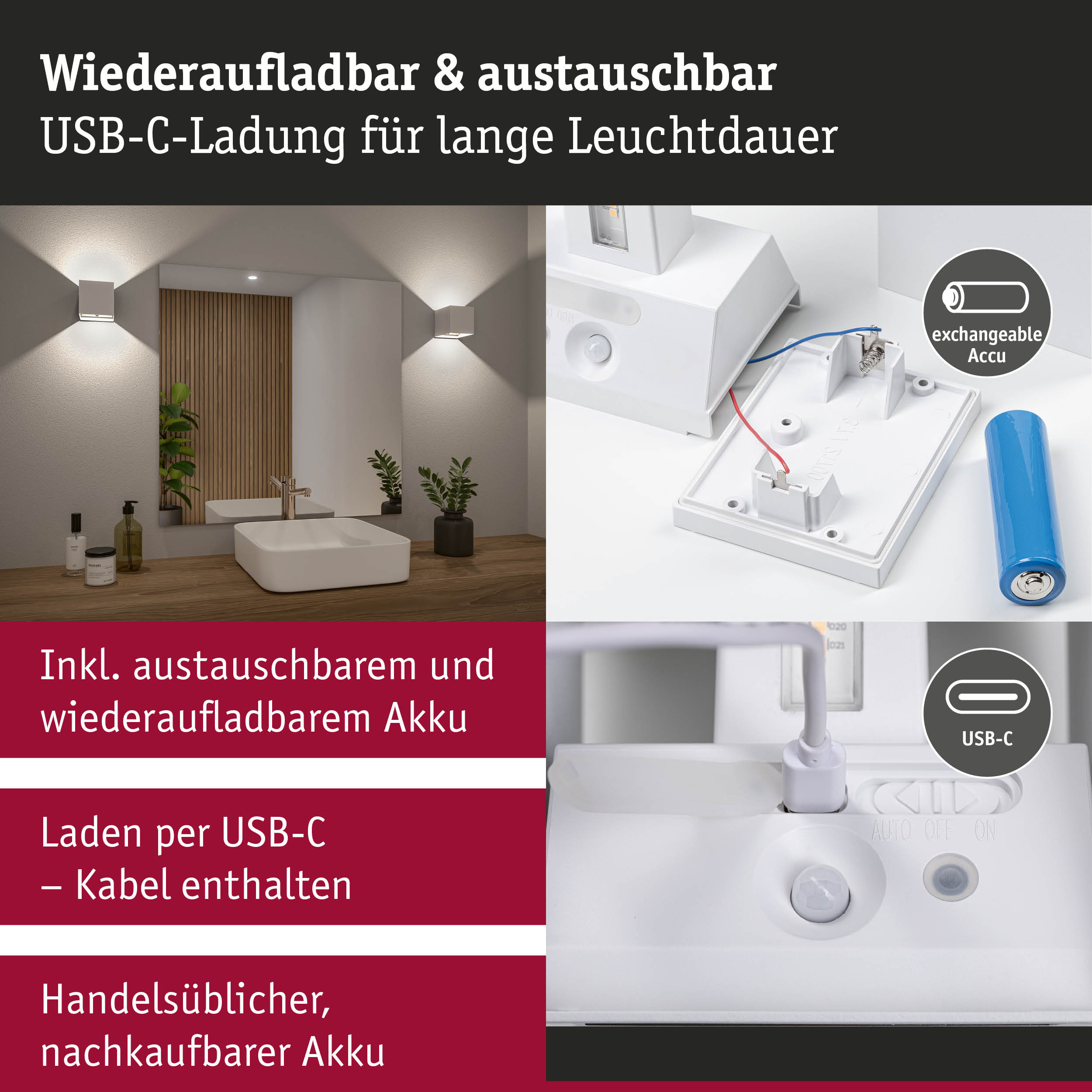 Wiederaufladbare weiße LED-Wandleuchte mit USB-C-Ladung und austauschbarem Akku für langes Licht