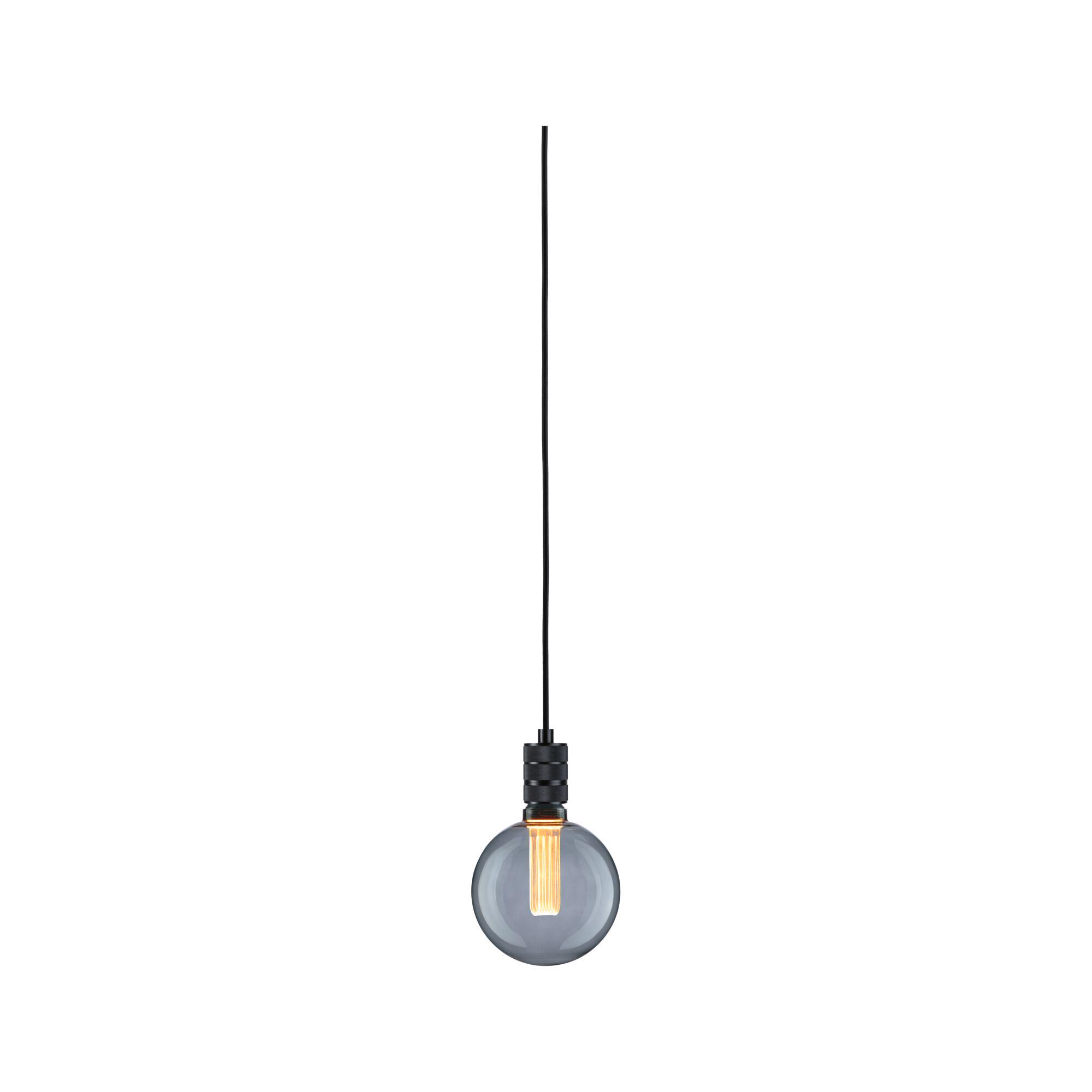 Pendant lamp with black cord and round smoked glass, warm LED light for modern interiors
