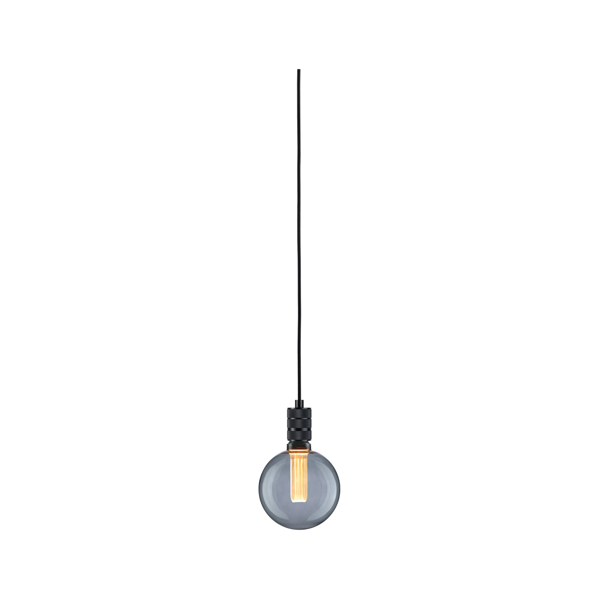 Lampa wisząca z czarnym kablem i okrągłym dymionym szkłem, ciepłe światło LED do nowoczesnych wnętrz