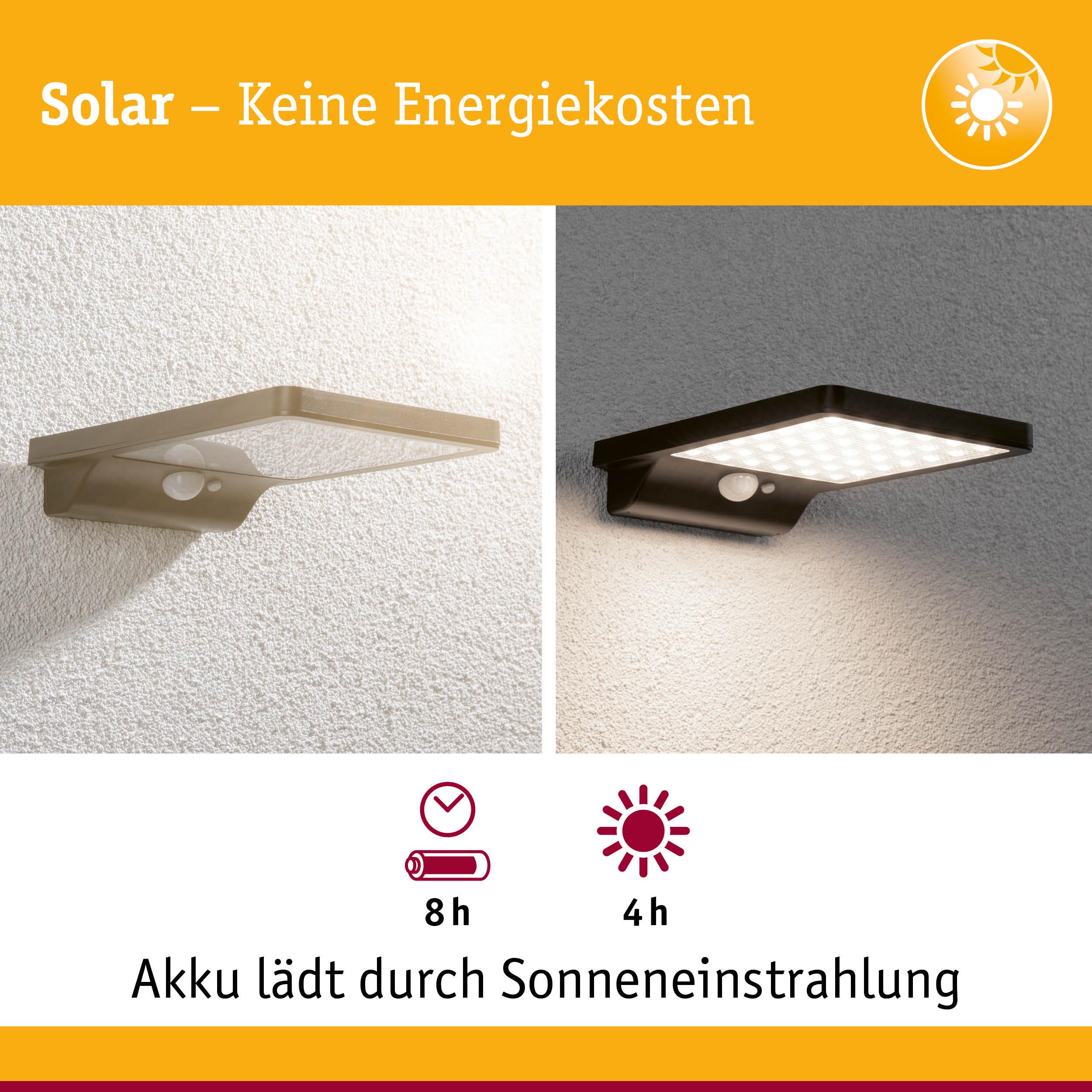 Solarbetriebene LED-Wandleuchte in Schwarz mit Bewegungsmelder und Akku, lädt 4 Stunden Sonnenlicht