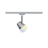 Modern silver metal LED spotlight with RGB color change for track lighting systems