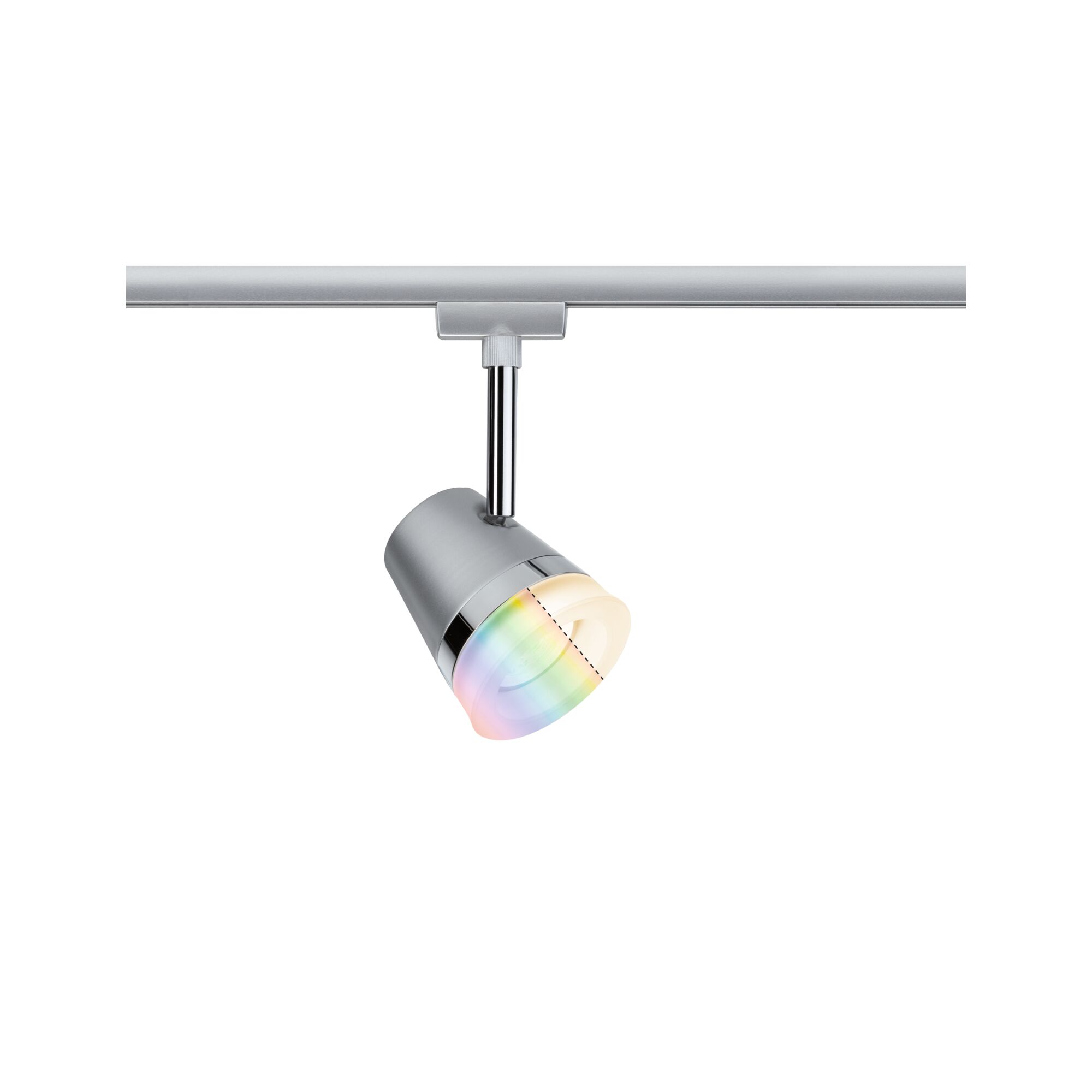 Moderner silberner LED-Strahler aus Metall mit RGB-Farbwechsel für Schienensysteme