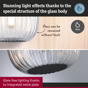 Glass ceiling light with textured body and integrated metal plate for glare-free lighting effect