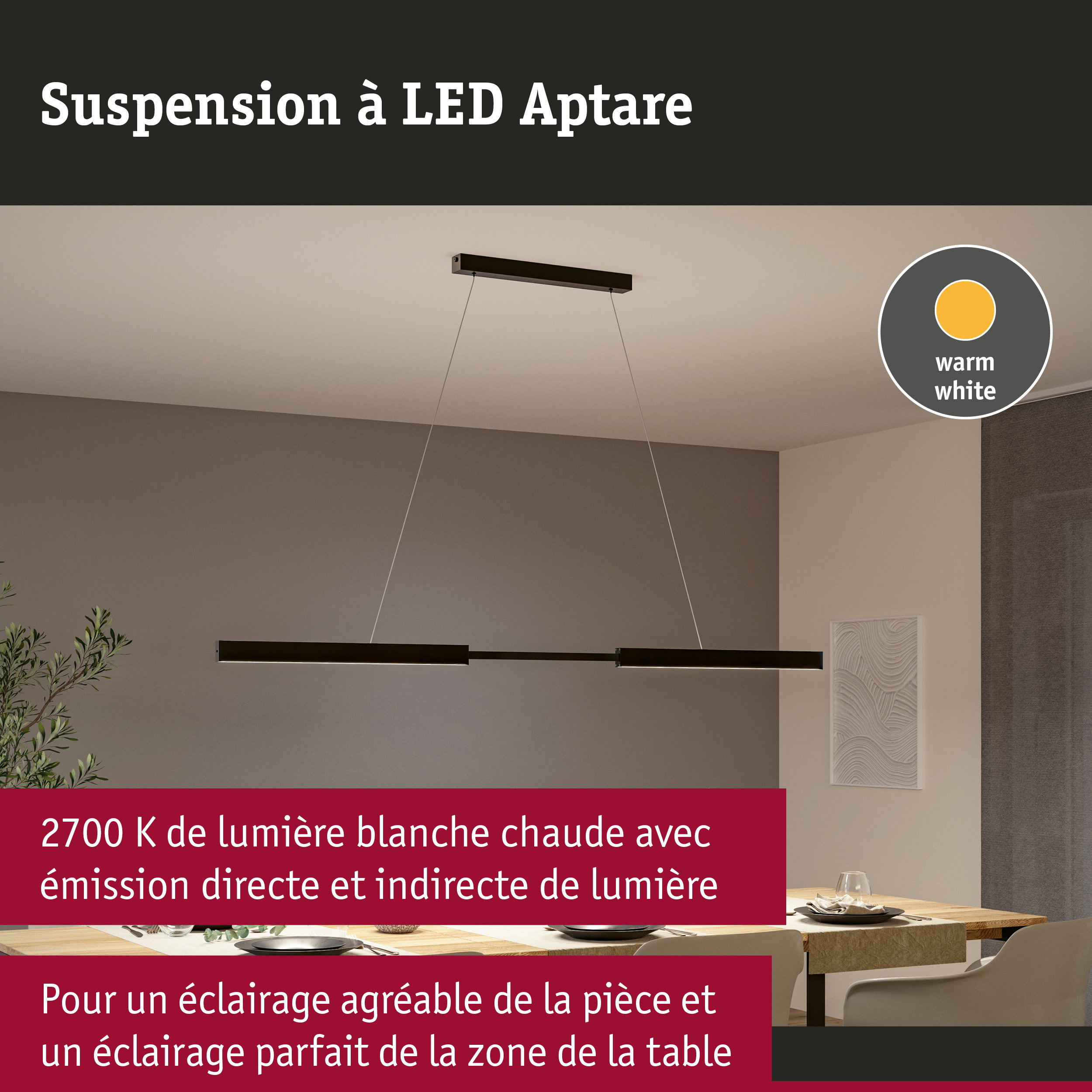 Suspension LED Aptare noire avec lumière blanc chaud pour un éclairage agréable de la salle à manger