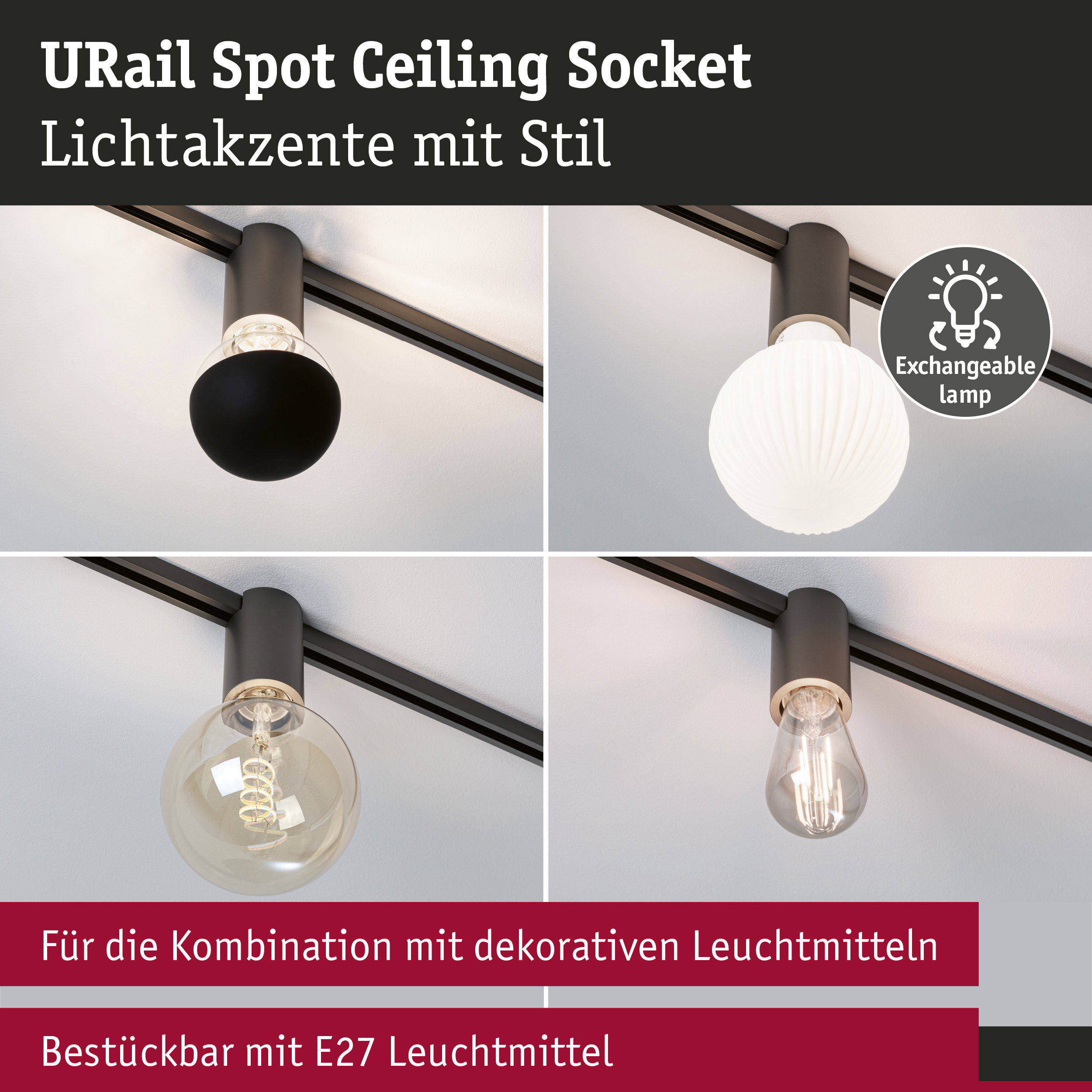 URail Schienenspot Socket E27 max. 20W dimmbar 230V Titanium