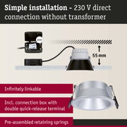 Silver aluminium recessed spotlight with 55 mm depth and connection box for easy 230 V direct installation