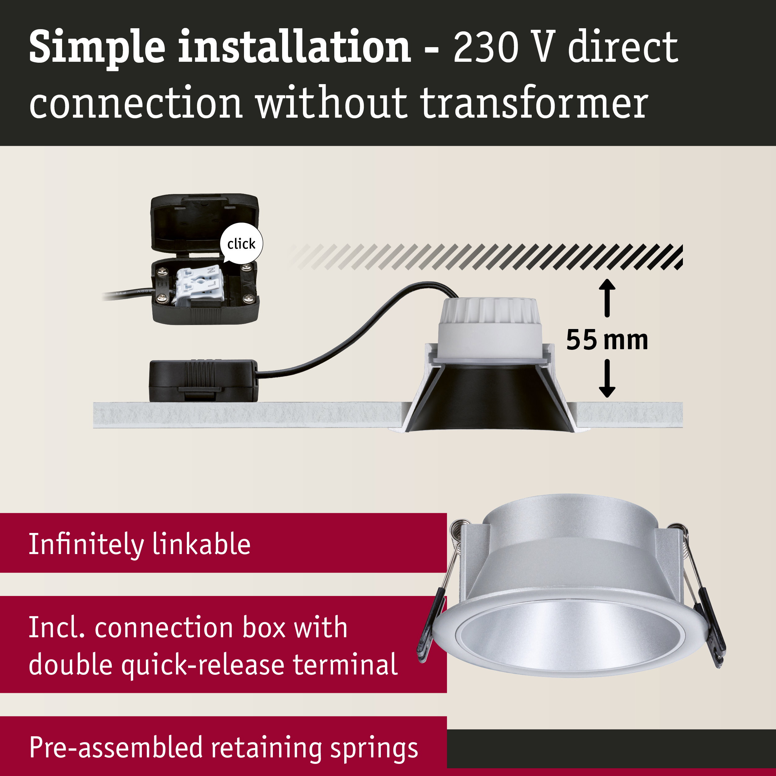 Silver aluminium recessed spotlight with 55 mm depth and connection box for easy 230 V direct installation