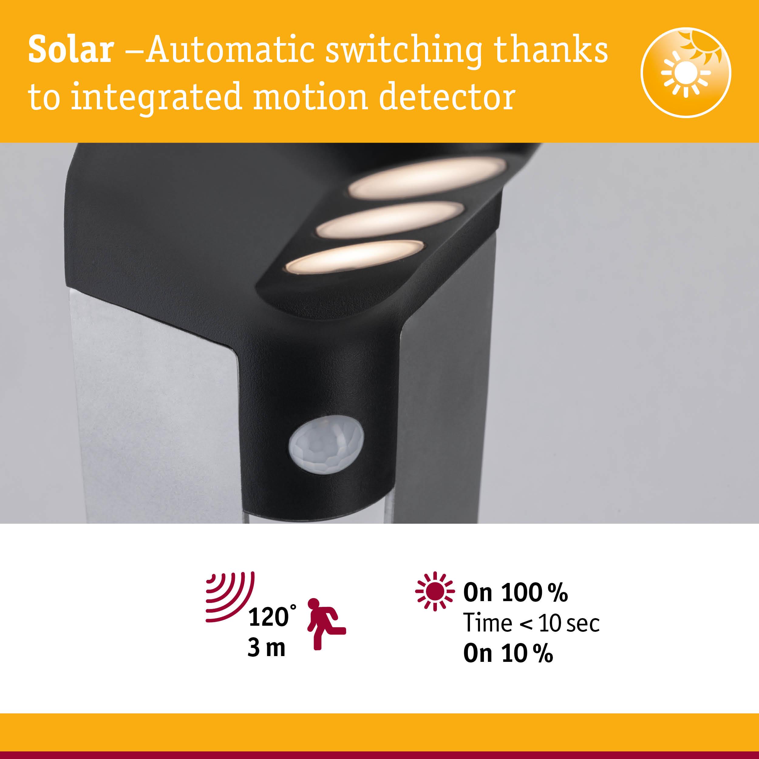 Solar outdoor light in black metal and plastic with motion detector and automatic switching feature
