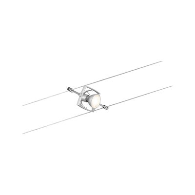 Modern cable spotlight with silver metal frame and LED light for flexible lighting solutions.