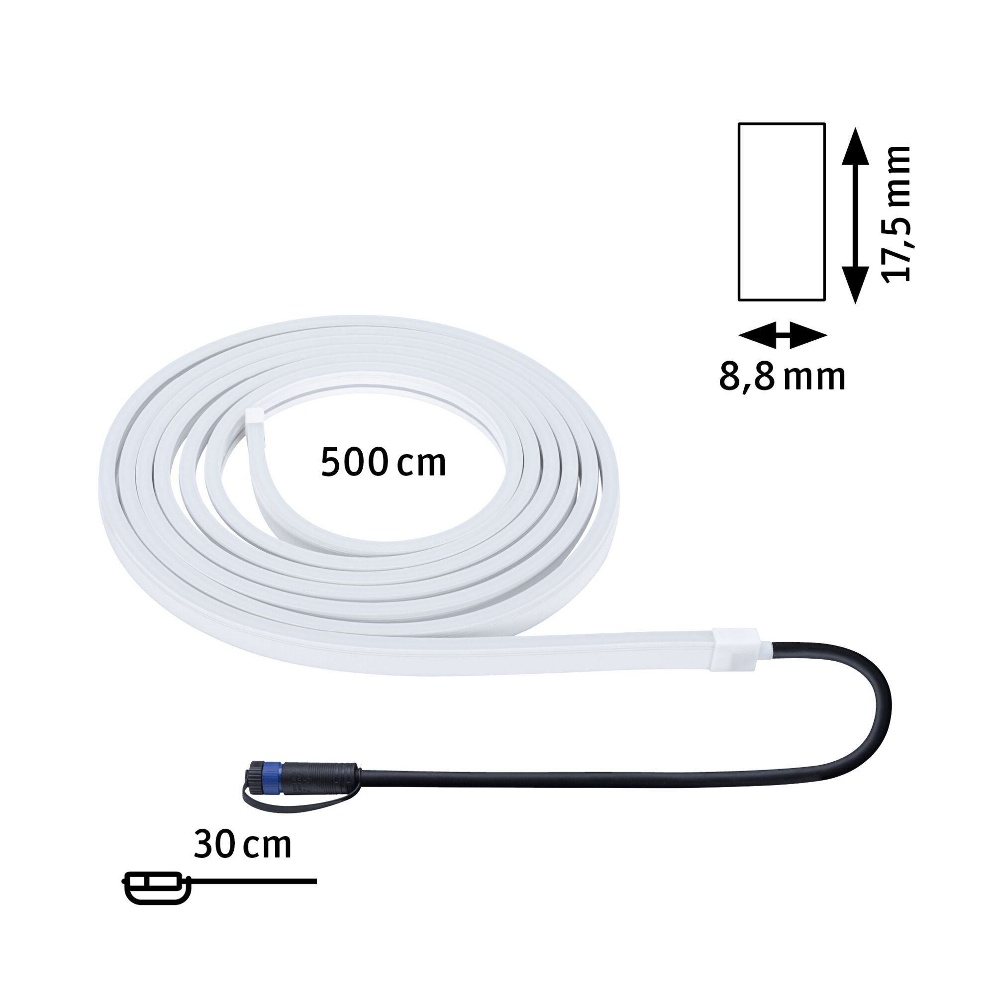 Weißes LED-Lichtband 500 cm lang, 17,5 mm hoch, 8,8 mm breit mit 30 cm Anschlusskabel für flexible Beleuchtung