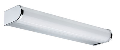 Modern white plastic LED wall light with chrome end caps for home lighting