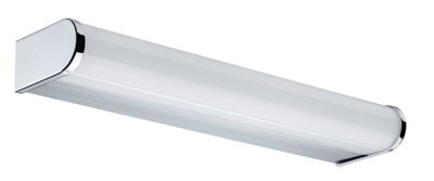Moderne LED-Wandleuchte aus weißem Kunststoff mit chromfarbenen Endkappen für Wohnräume