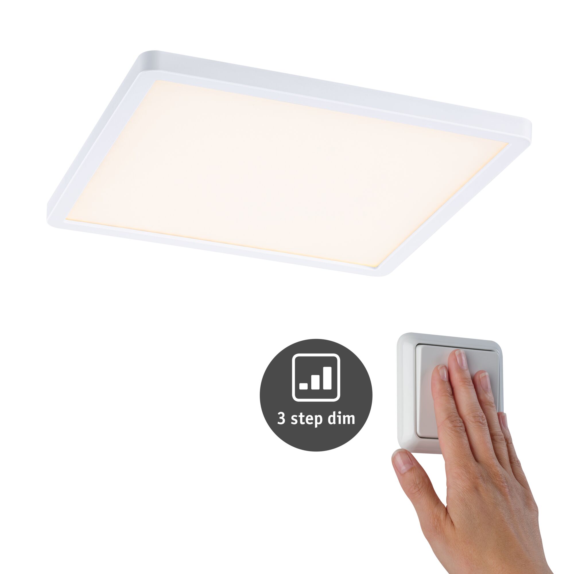 VariFit LED-inbouwpaneel 3-Step-Dim Areo IP44 hoekig 230x230mm 16W 1400lm 3000K Wit dimbaar Witte vierkante LED-plafondlamp met 3-traps dimmer en hand op wandschakelaar