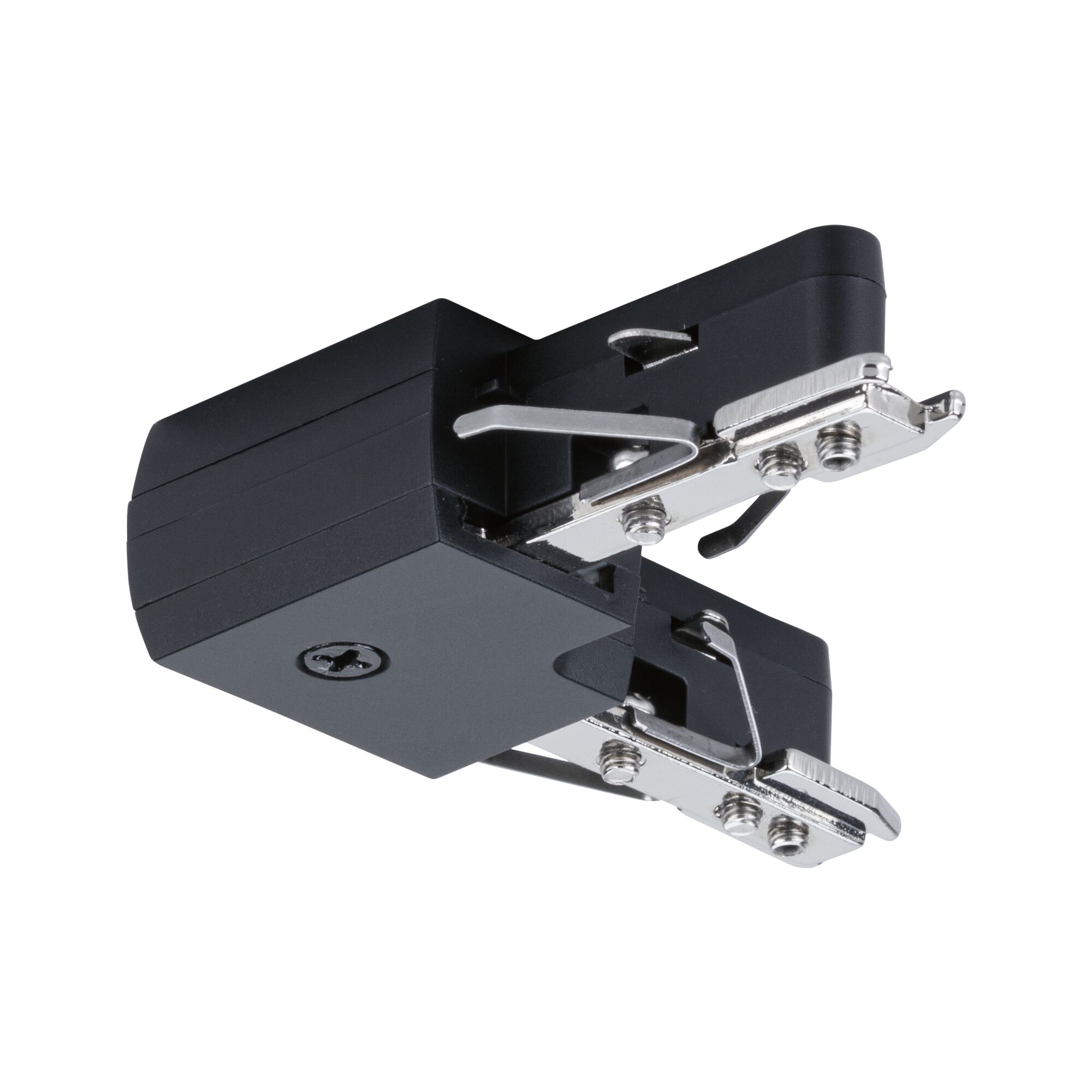 Zwarte kunststof adapter met zilverkleurige metalen klemmen voor LED-spoorsystemen.
