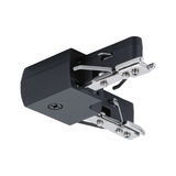 Zwarte kunststof adapter met zilverkleurige metalen klemmen voor LED-spoorsystemen.