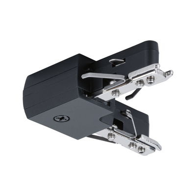 Zwarte kunststof adapter met zilverkleurige metalen klemmen voor LED-spoorsystemen.