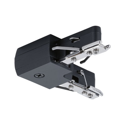 Schwarzer Kunststoff-Adapter mit silbernen Metallklemmen für Schienensysteme, LED-Zubehör.