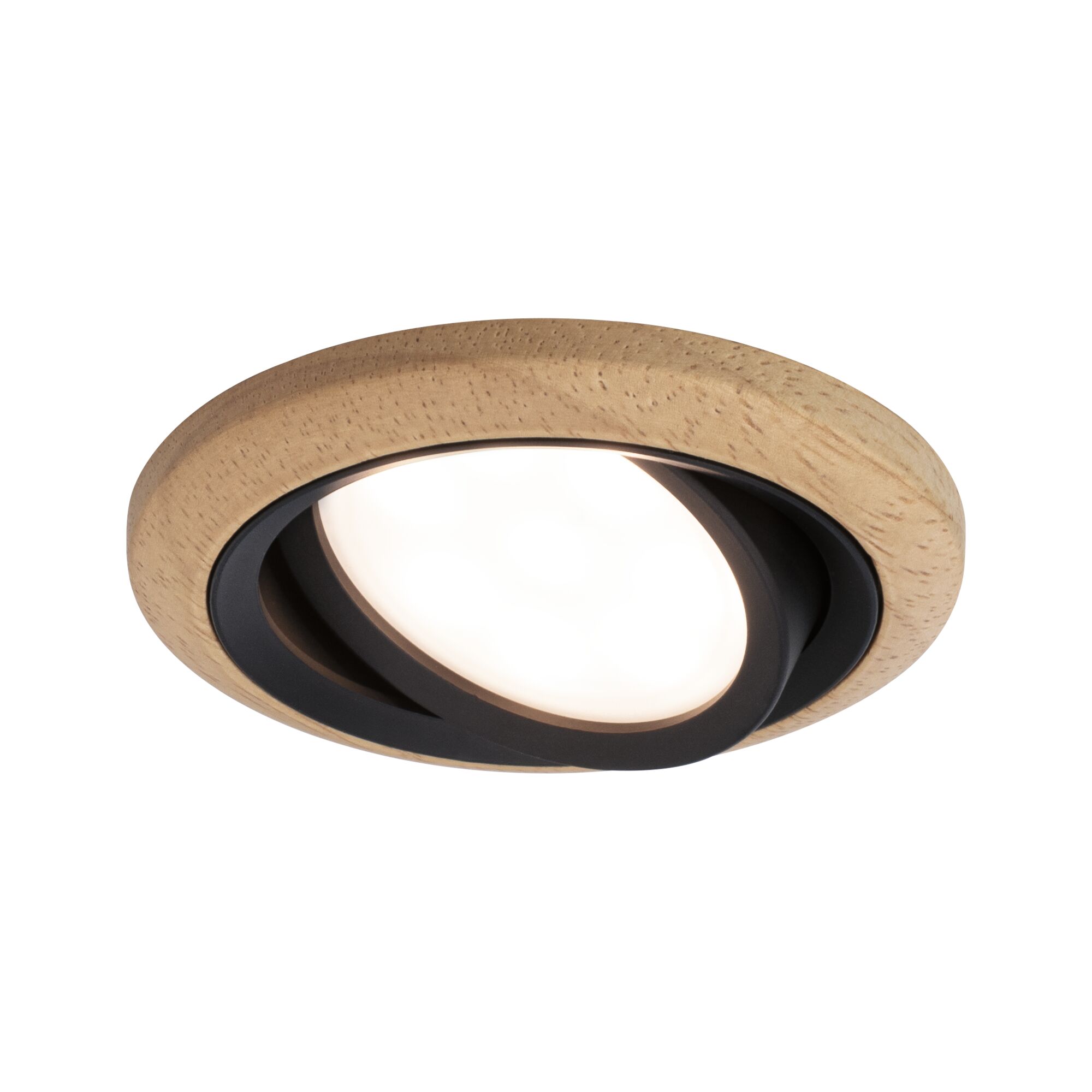 Round LED recessed spotlight with natural wood frame and black inner ring for home lighting