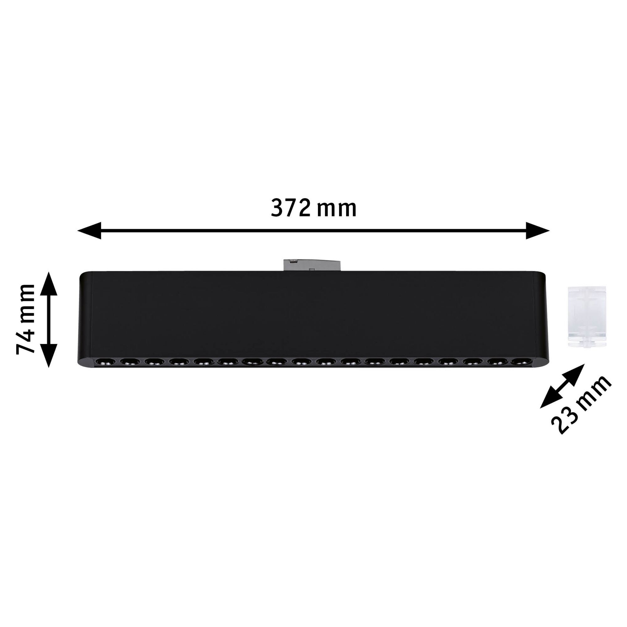 Black metal LED track measuring 372 mm length and 74 mm height for modern lighting setups
