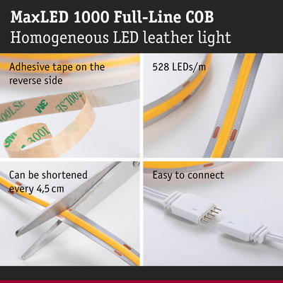MaxLED 1000 COB LED strip with adhesive tape, 528 LEDs per meter, cuttable every 4.5 cm, easy to connect