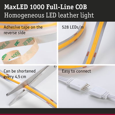 MaxLED 1000 COB LED strip with adhesive tape, 528 LEDs per meter, cuttable every 4.5 cm, easy to connect