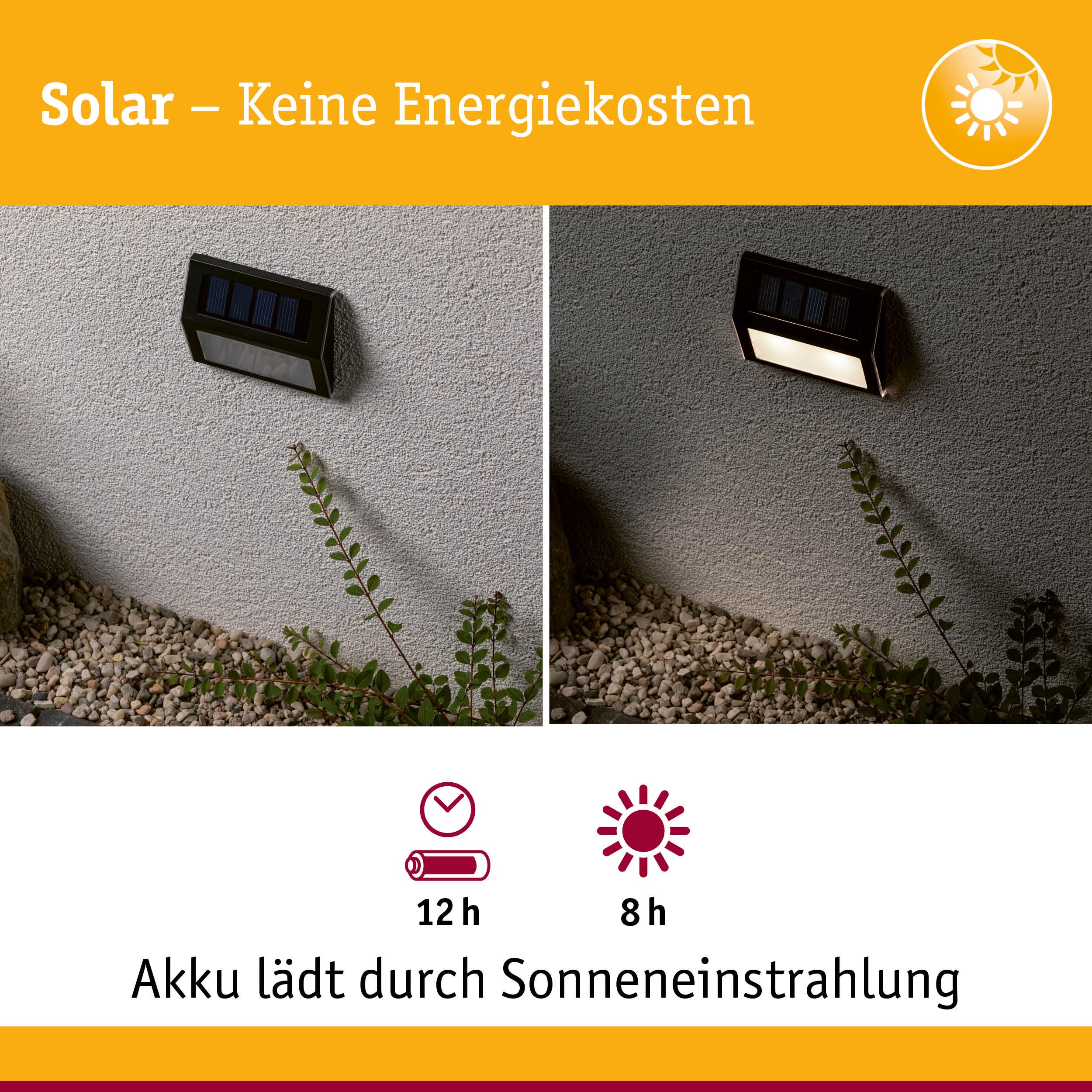 Solarbetriebene Außenwandleuchte in Schwarz mit Akku, lädt 8 Stunden Sonnenlicht, leuchtet 12 Stunden.