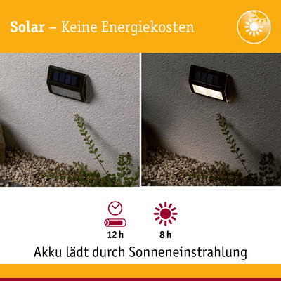 Solarbetriebene Außenwandleuchte in Schwarz mit Akku, lädt 8 Stunden Sonnenlicht, leuchtet 12 Stunden.