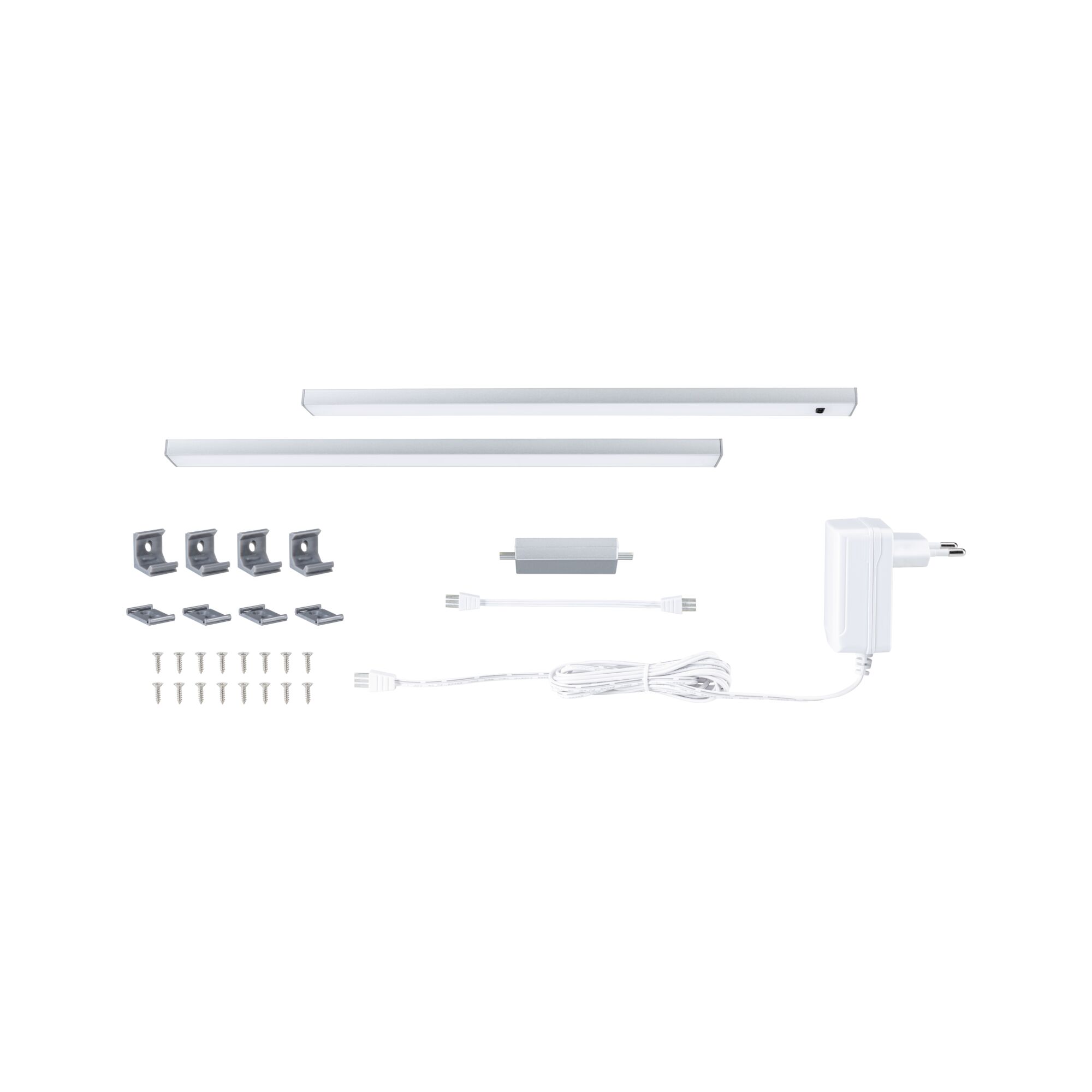 White LED under-cabinet lighting set with two bars, power adapter, and mounting accessories for kitchen