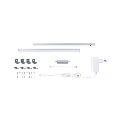 White LED under-cabinet lighting set with two bars, power adapter, and mounting accessories for kitchen