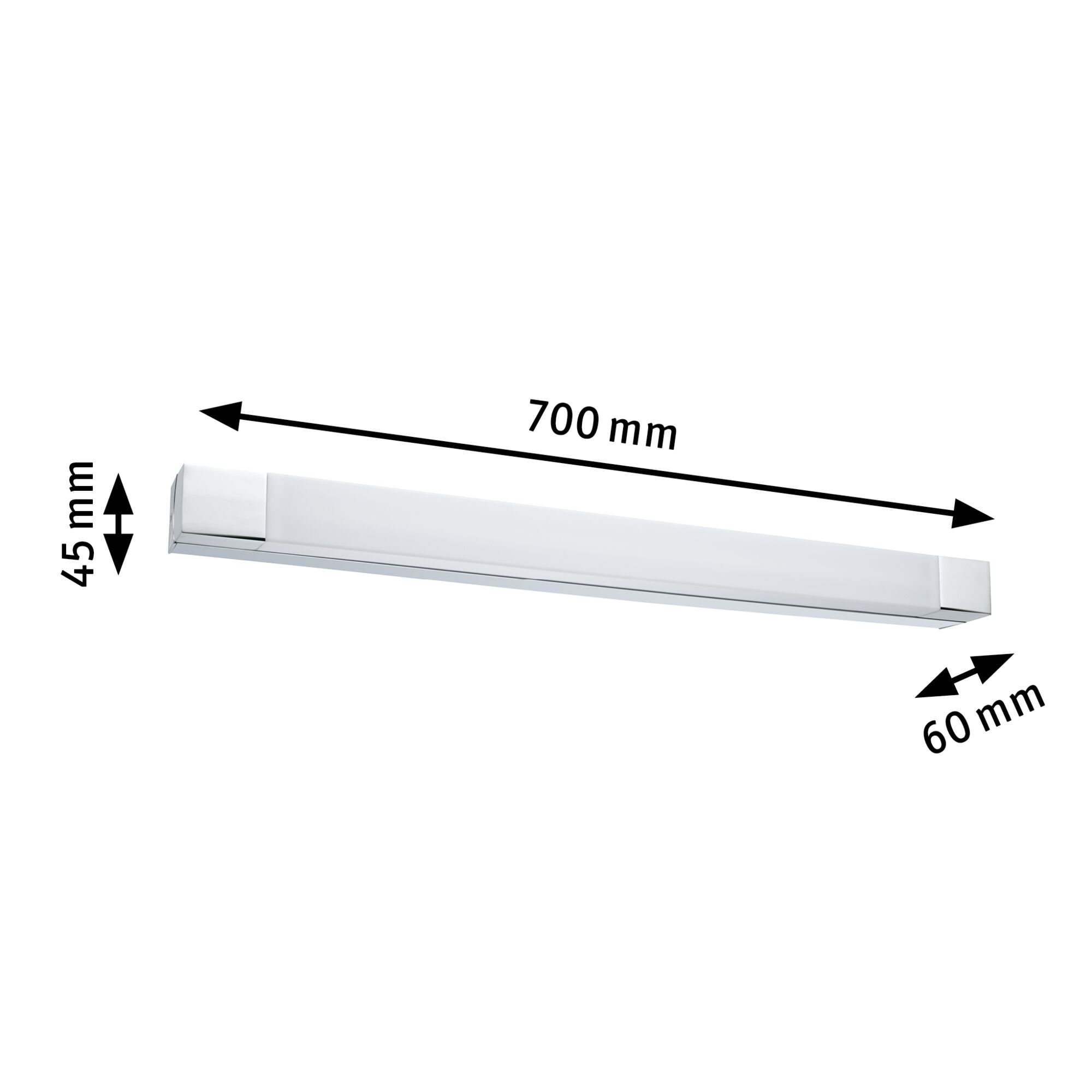 White LED wall light with chrome ends, 700 mm length, modern indoor lighting with dimensions.