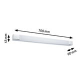 White LED wall light with chrome ends, 700 mm length, modern indoor lighting with dimensions.
