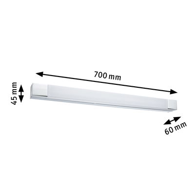 White LED wall light with chrome ends, 700 mm length, modern indoor lighting with dimensions.
