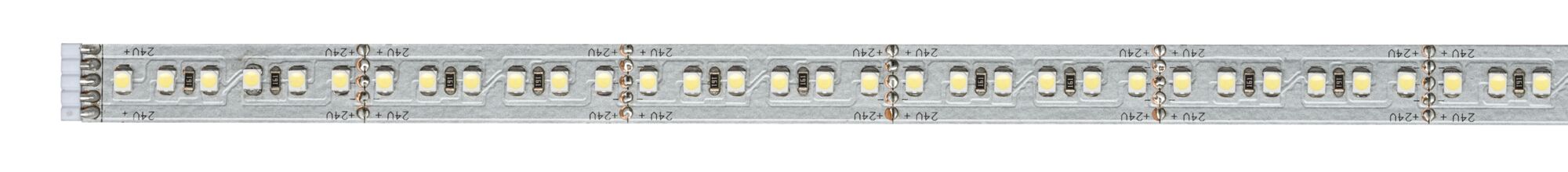Long LED strip with white LEDs on silver circuit board for flexible lighting solutions.