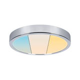 Round chrome ceiling light with adjustable cold, neutral, and warm white light for living spaces