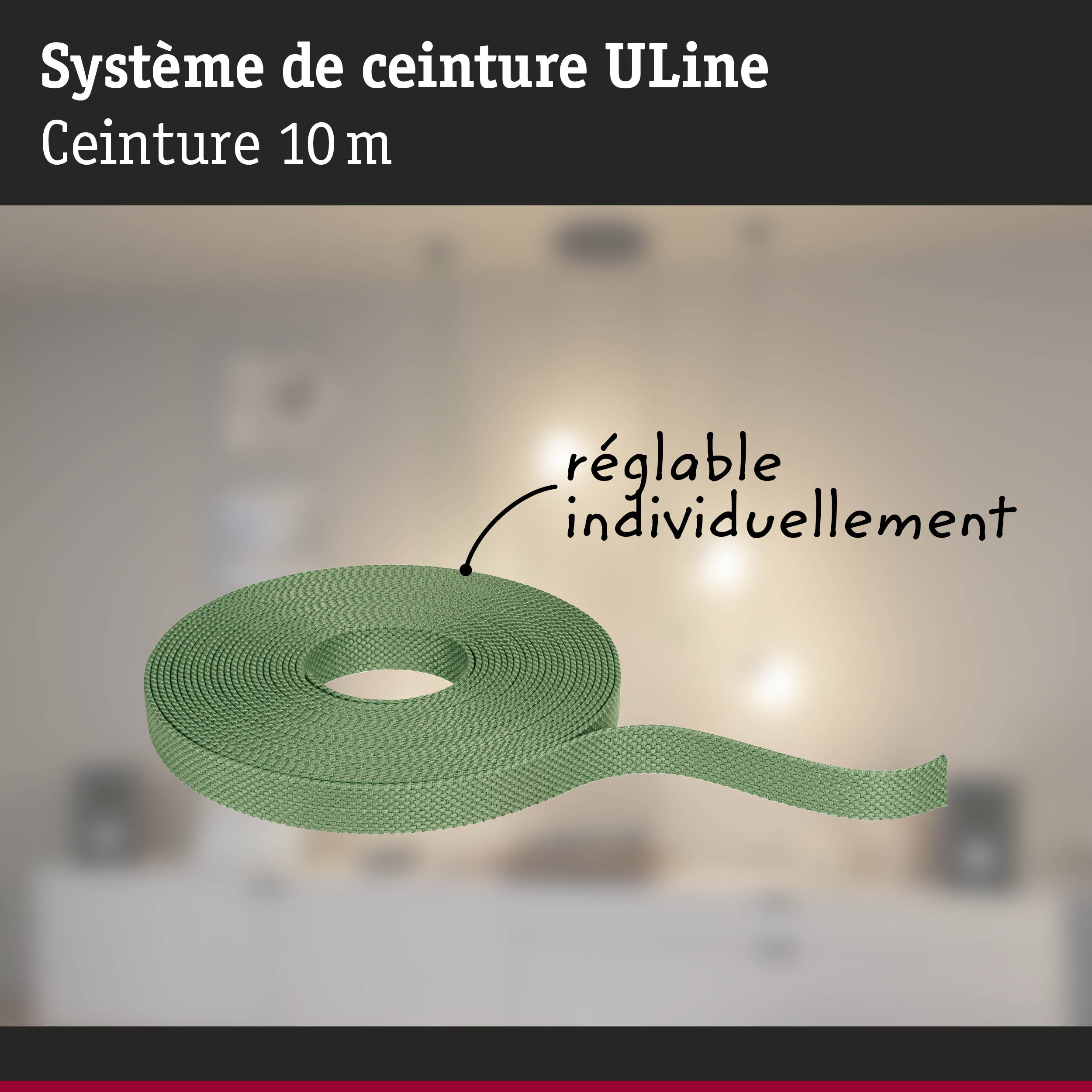 Système de ceinture ULine vert de 10 m avec longueur réglable pour une utilisation polyvalente